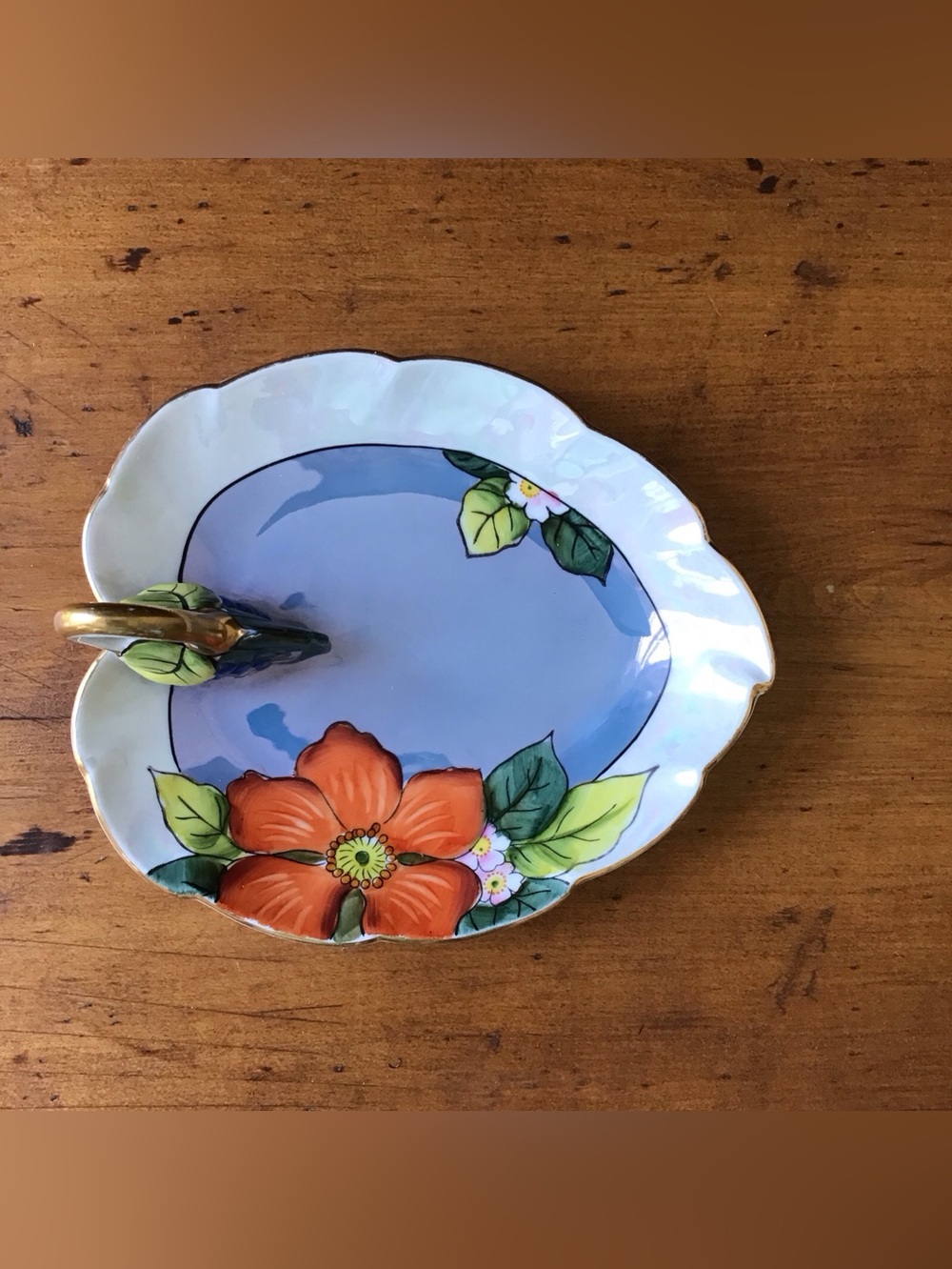 Vintage Noritake Japan Lusterware Leaf Dish Orange Poppy Floral Hand Painted 7"